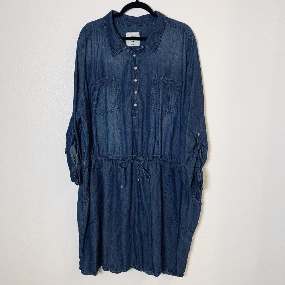 Sonoma Blue Denim Dress 3X Tie Waist Roll Tab Sleeve Button Front Cotton Blend
